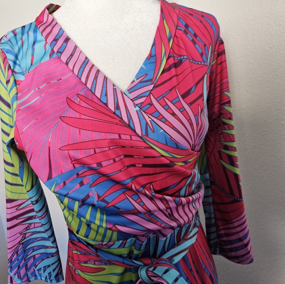 Tropical Women's Multicolor Palm Print Faux Wrap Maxi Dress Size M. - Picture 12 of 13